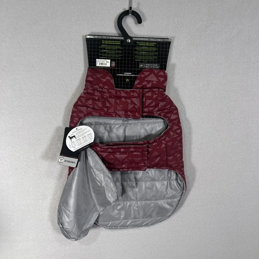 Silverpaw Reversible Packable Dog Jacket Burgundy Silver Geometric Puffer Medium